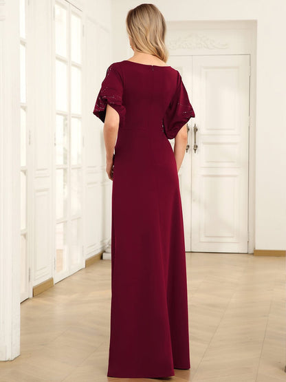 Trendy Round Neck Long Bodycon Evening Dress with Sleeves #color_Burgundy