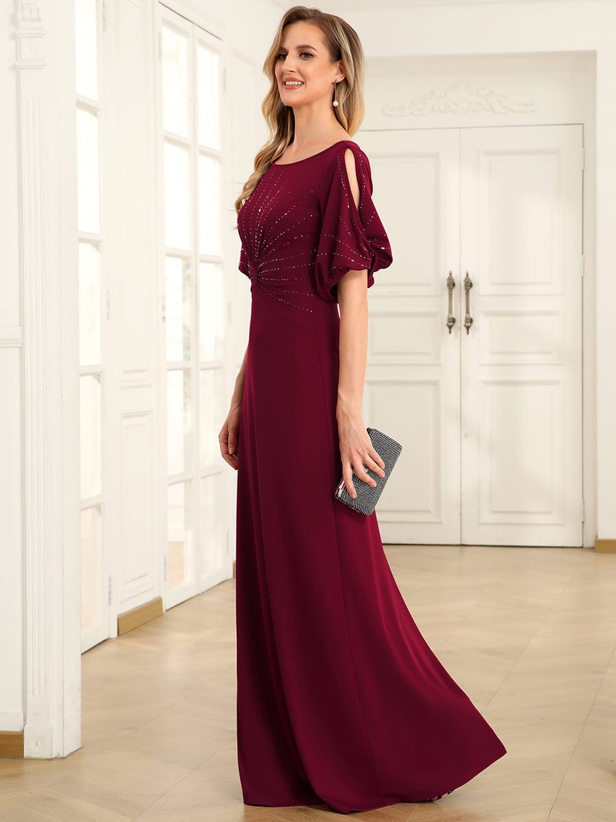 Trendy Round Neck Long Bodycon Evening Dress with Sleeves #color_Burgundy