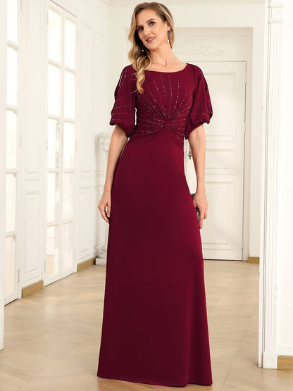 Trendy Round Neck Long Bodycon Evening Dress with Sleeves #color_Burgundy