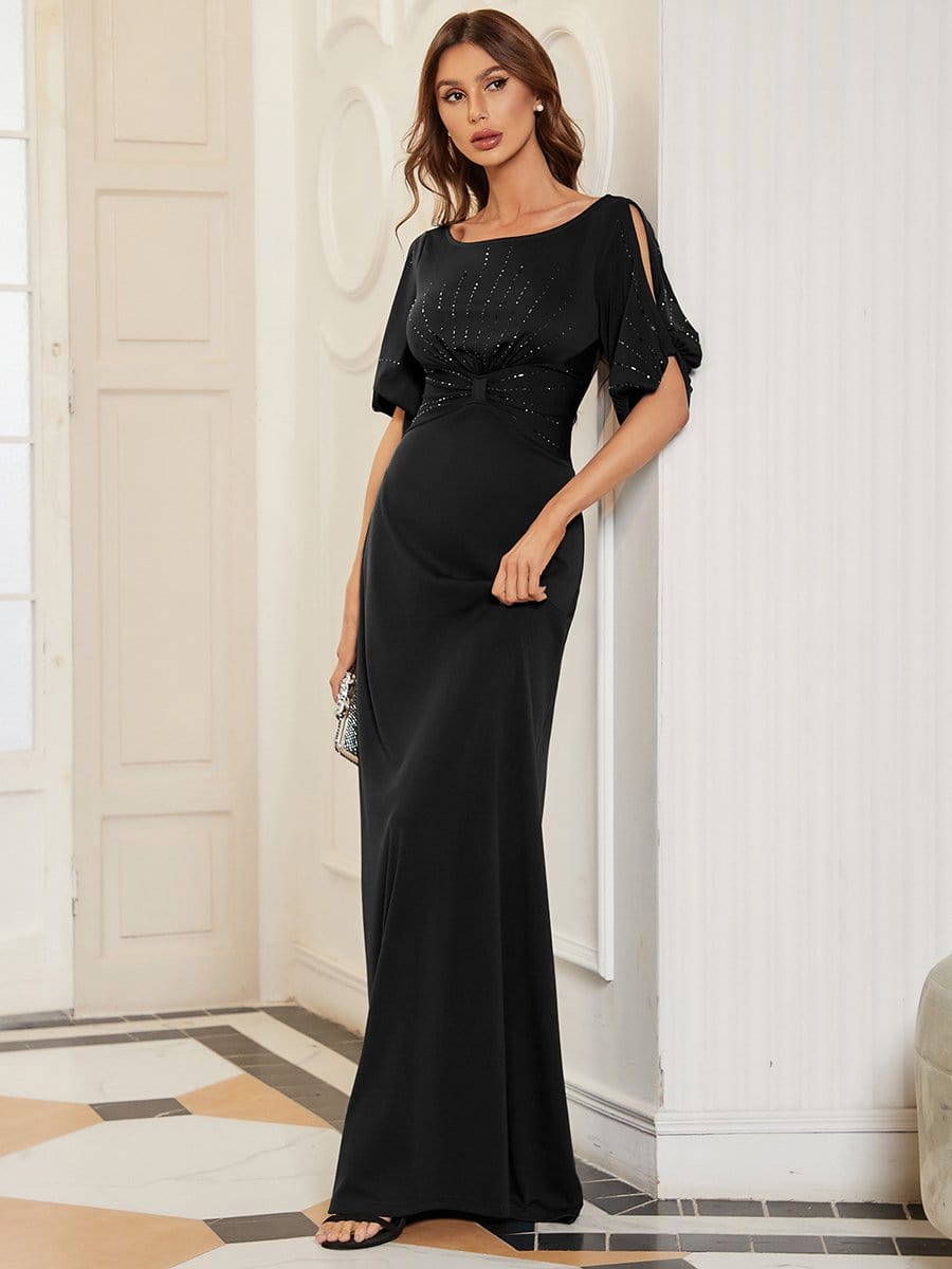 Trendy Round Neck Long Bodycon Evening Dress with Sleeves #color_Black 