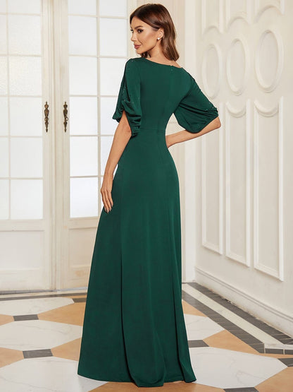 Trendy Round Neck Long Bodycon Evening Dress with Sleeves #color_Dark Green 