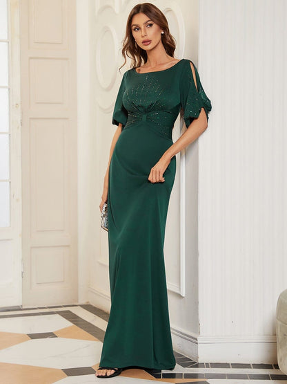 Trendy Round Neck Long Bodycon Evening Dress with Sleeves #color_Dark Green 