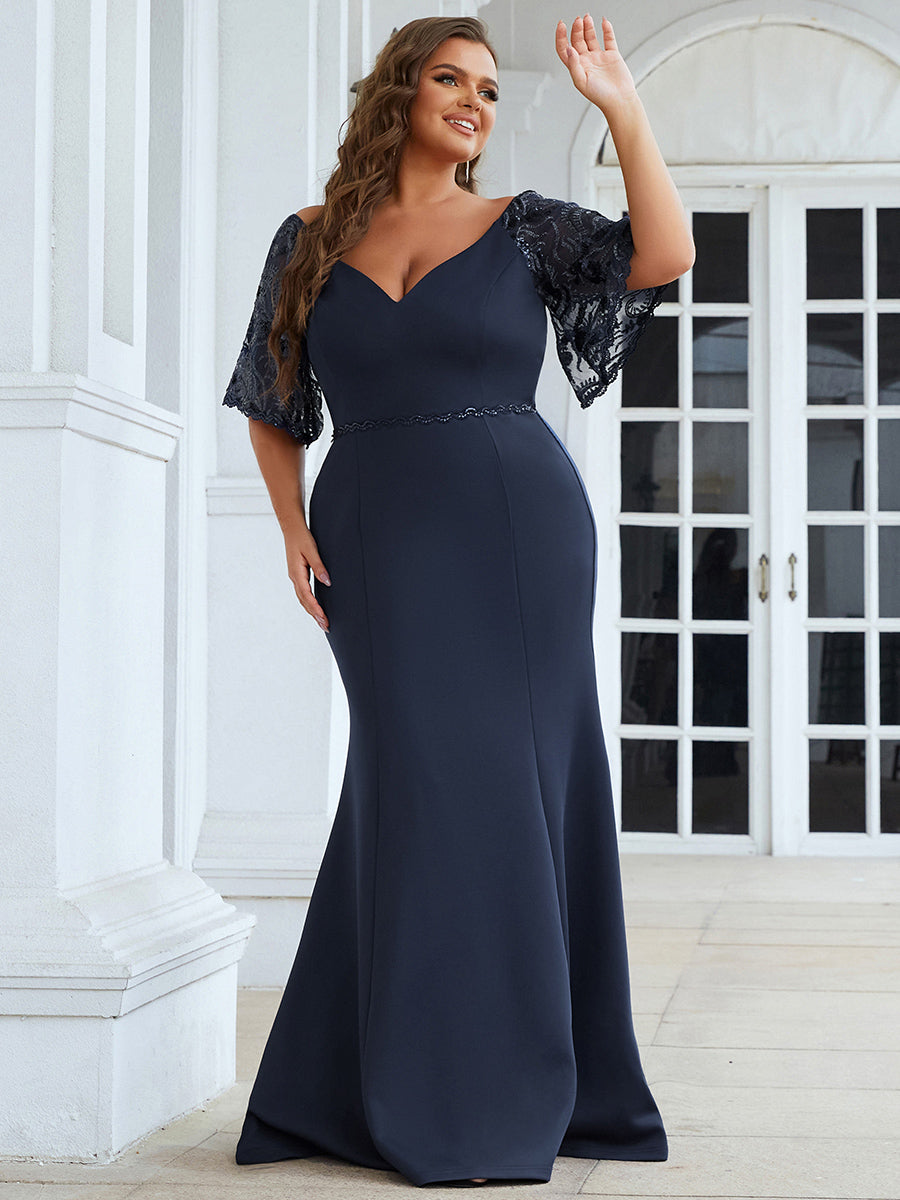 Color=Navy Blue | Elegant Plus Size V Neck Fishtail Evening Dress Wholesale-Navy Blue 3