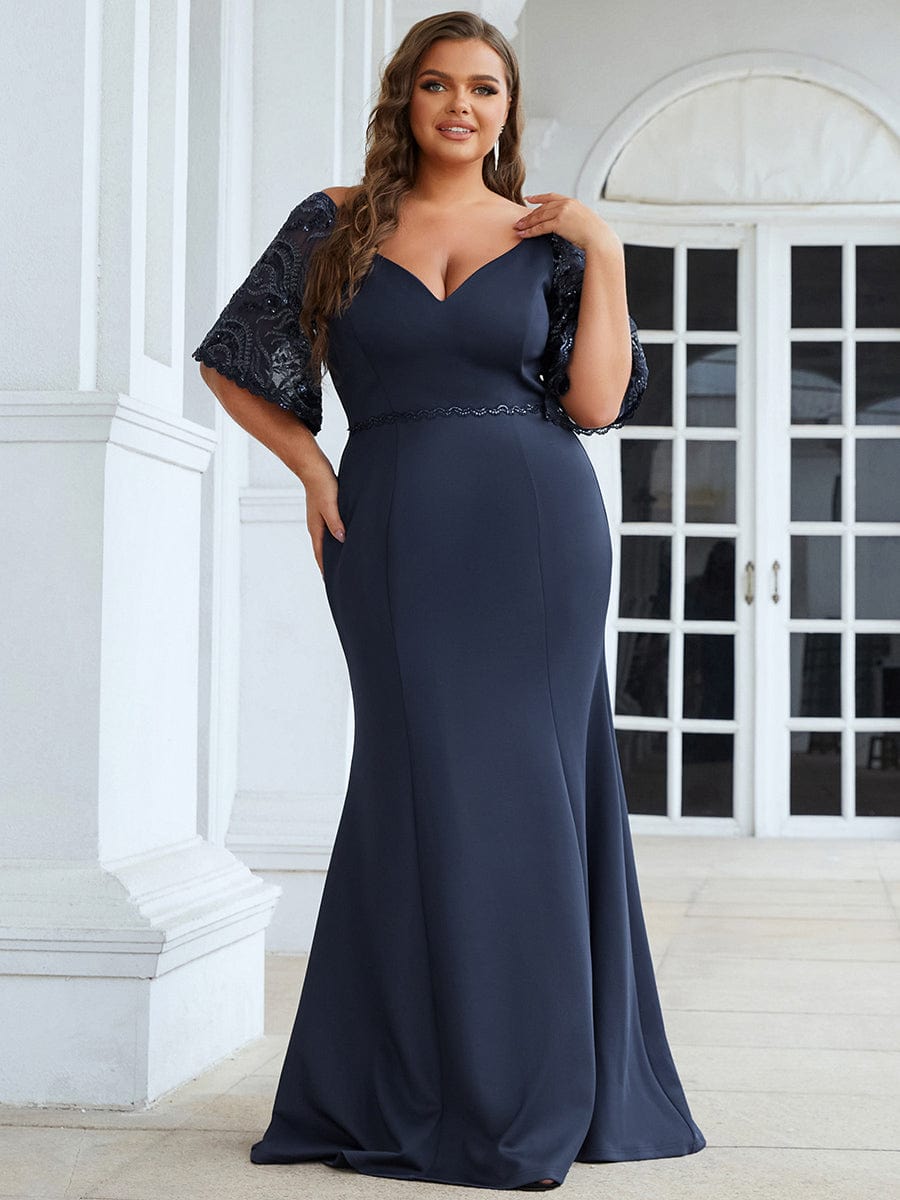 Custom Size V Neck Elegant Fishtail Evening Dress Long Formal Dresses #Color_Navy Blue