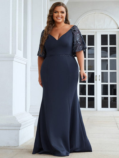 Custom Size V Neck Elegant Fishtail Evening Dress Long Formal Dresses #Color_Navy Blue