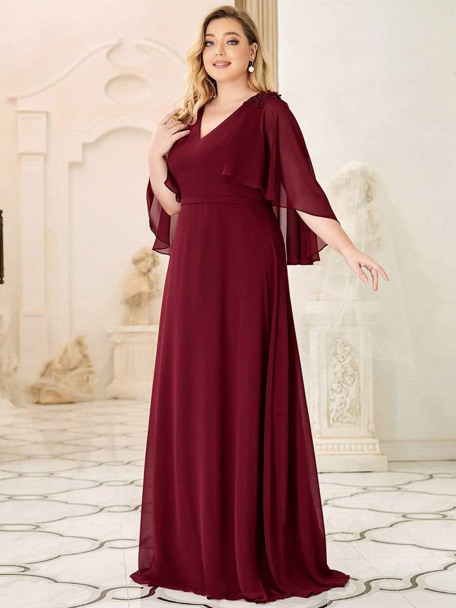 Custom Size Elegant V Neck Chiffon Evening Dresses with Flowy Sleeves #color_Burgundy