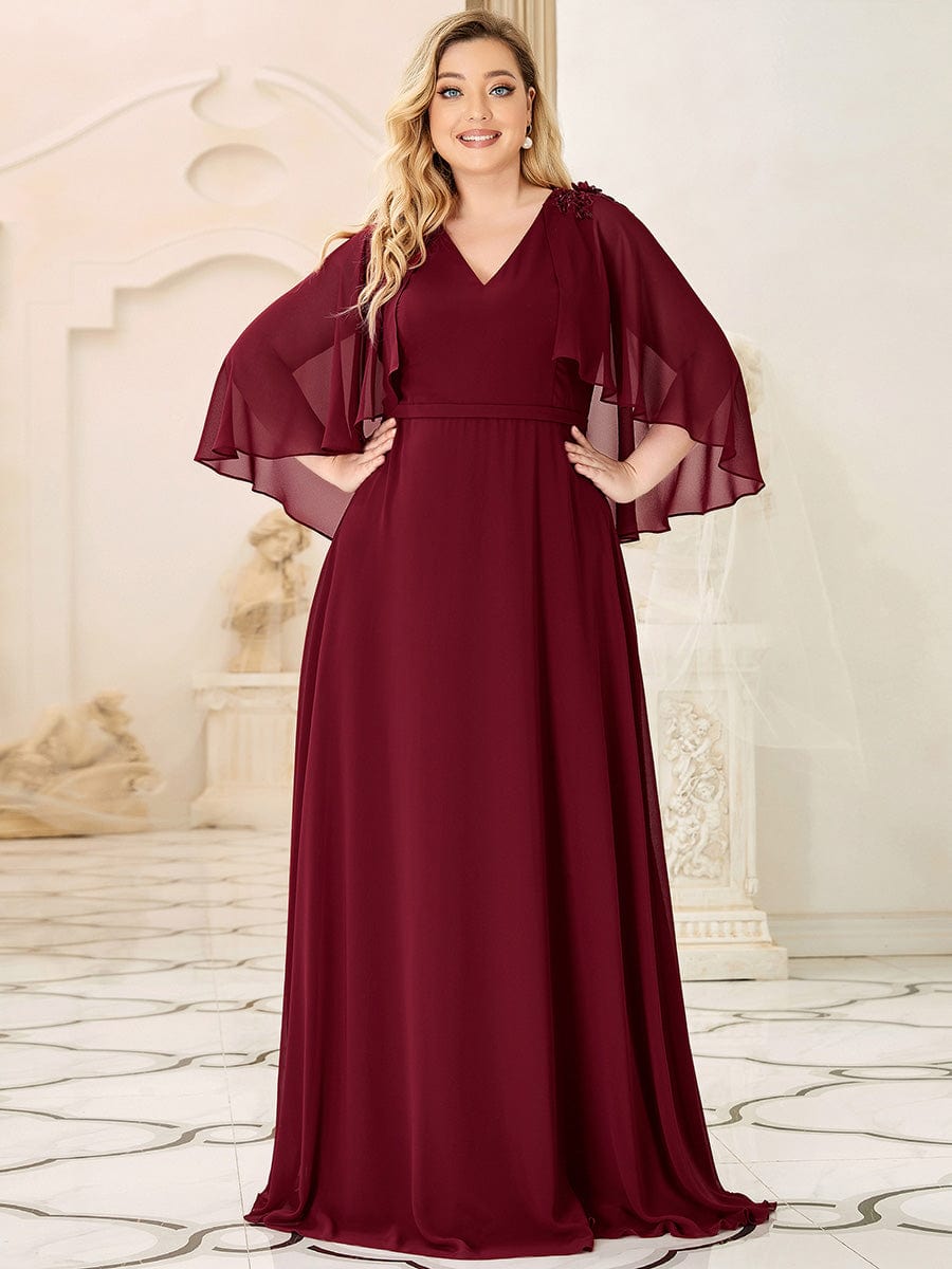 Custom Size Elegant V Neck Chiffon Evening Dresses with Flowy Sleeves #color_Burgundy