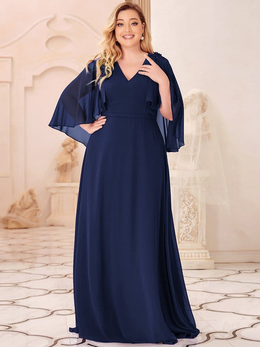 Custom Size Elegant V Neck Chiffon Evening Dresses with Flowy Sleeves #color_Navy Blue