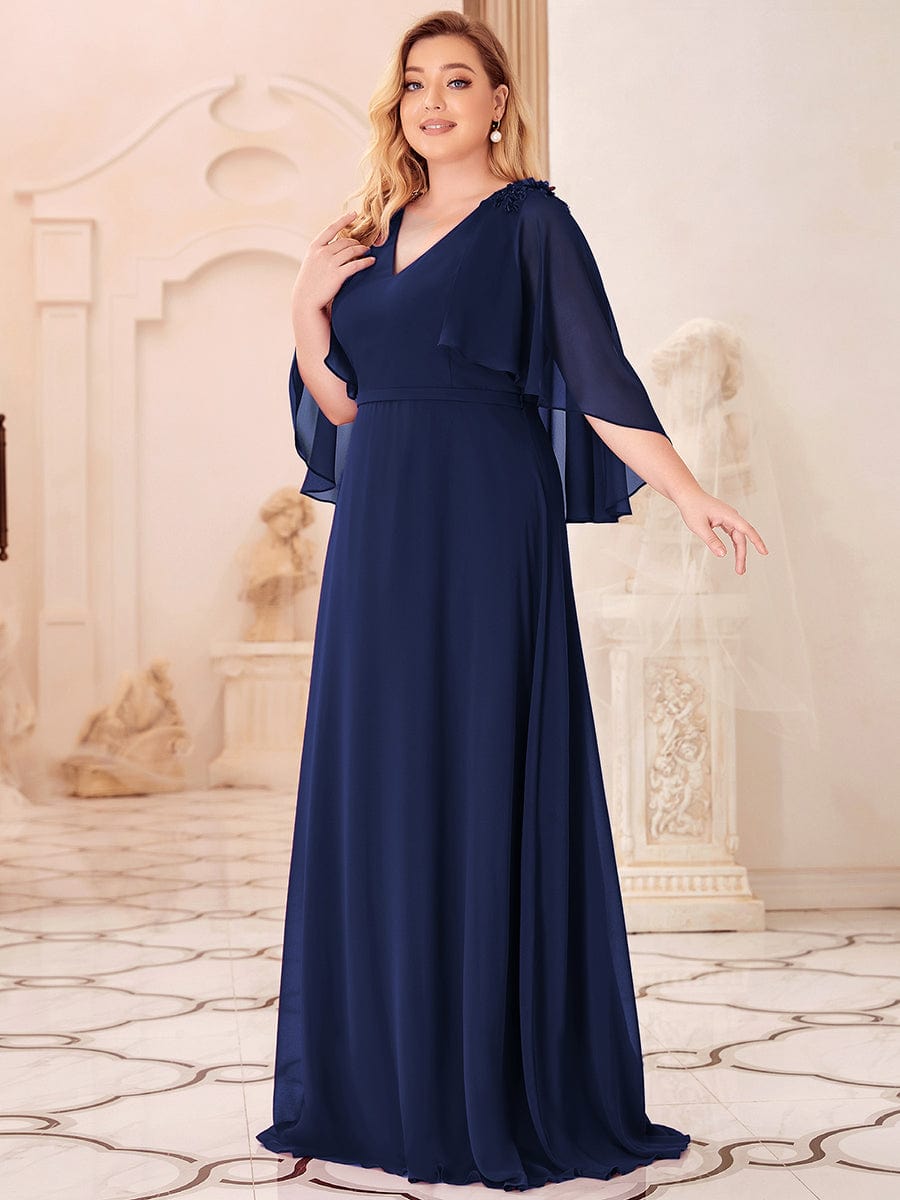 Custom Size Elegant V Neck Chiffon Evening Dresses with Flowy Sleeves #color_Navy Blue