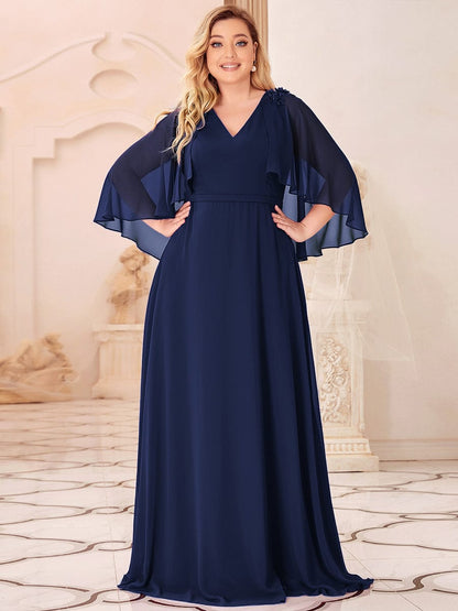 Custom Size Elegant V Neck Chiffon Evening Dresses with Flowy Sleeves #color_Navy Blue