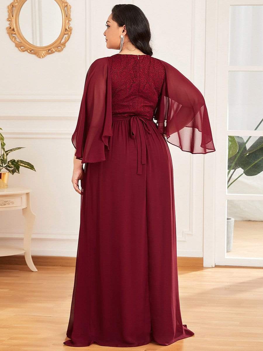 Deep V Neck Lace Bodice Long Flowy Evening Dress #color_Burgundy 