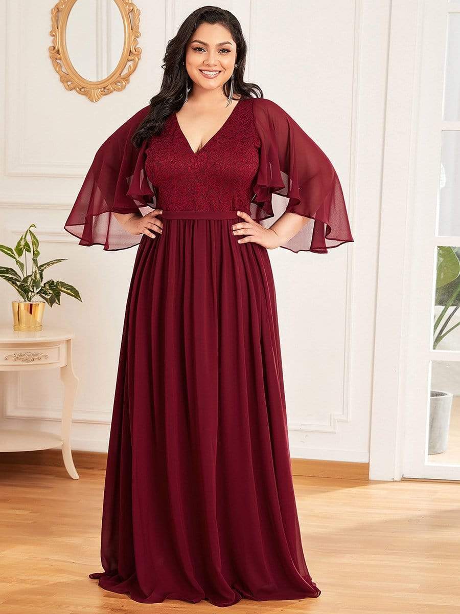 Plus Size Deep V Neck Lace Bodice Long Flowy Evening Dress #color_Burgundy 