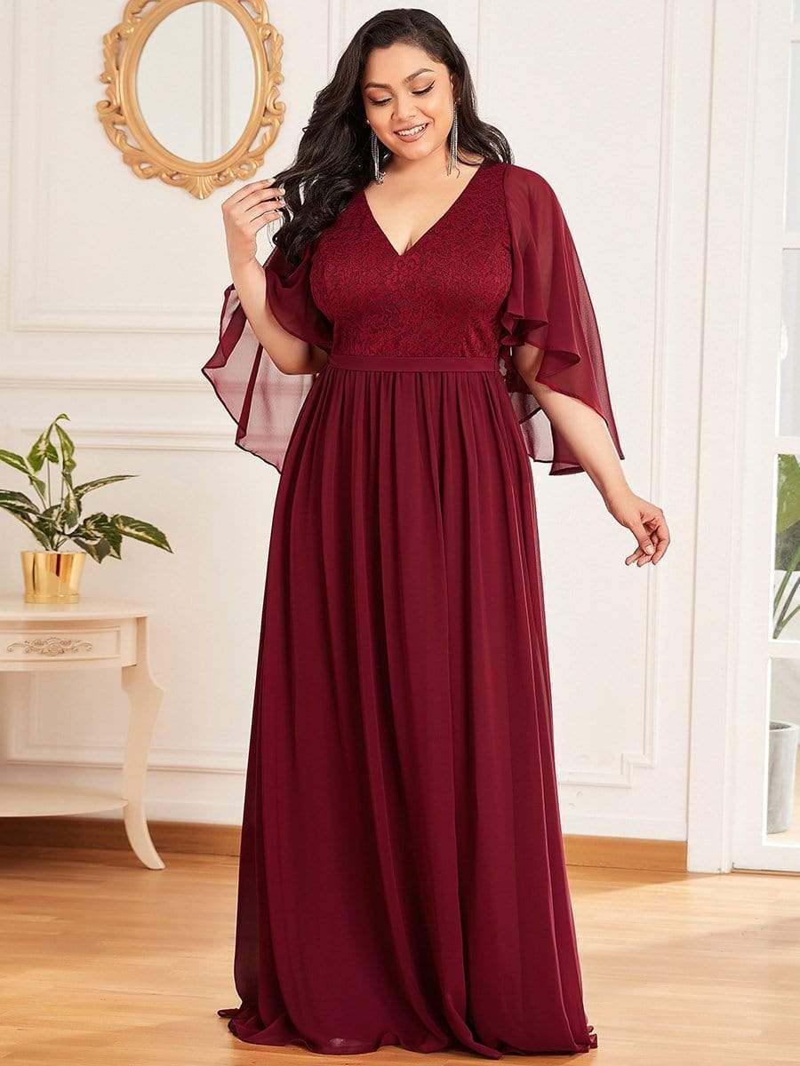 Deep V Neck Lace Bodice Long Flowy Evening Dress #color_Burgundy 