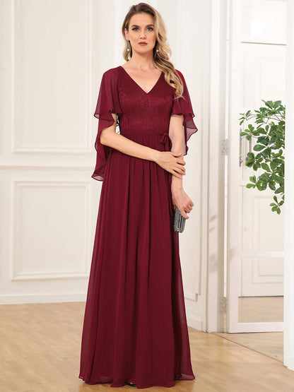 Deep V Neck Lace Bodice Long Flowy Evening Dress #color_Burgundy