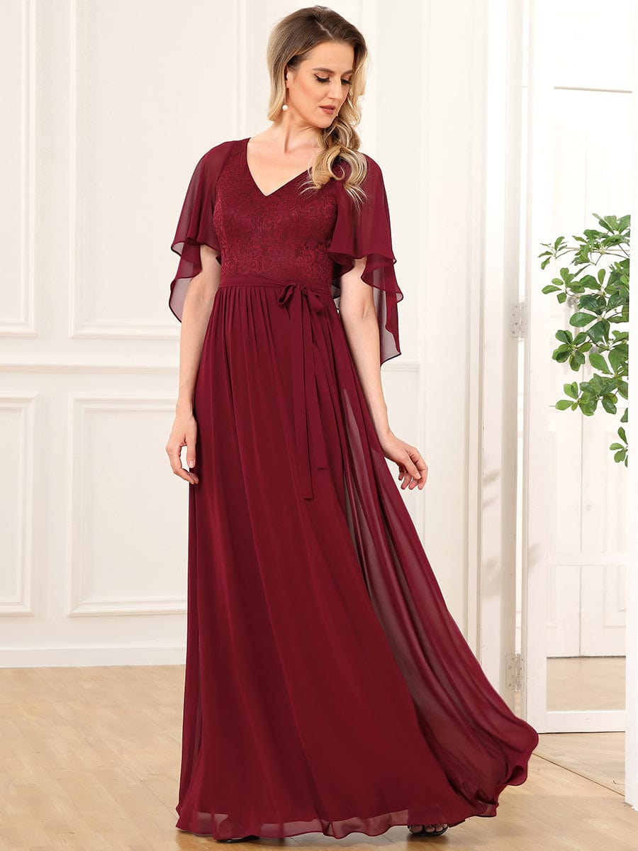 Deep V Neck Lace Bodice Long Flowy Evening Dress #color_Burgundy