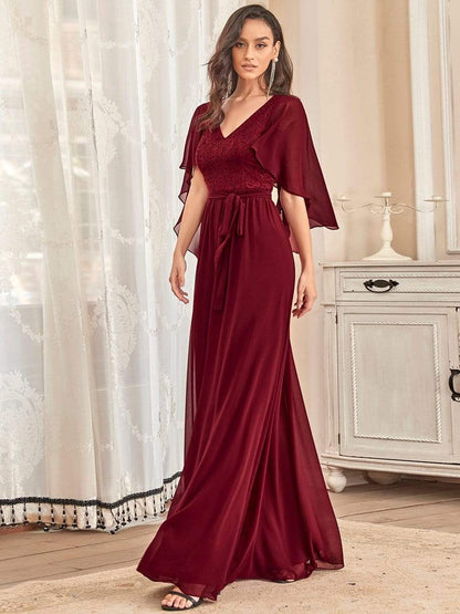 Deep V Neck Lace Bodice Long Flowy Evening Dress #color_Burgundy 