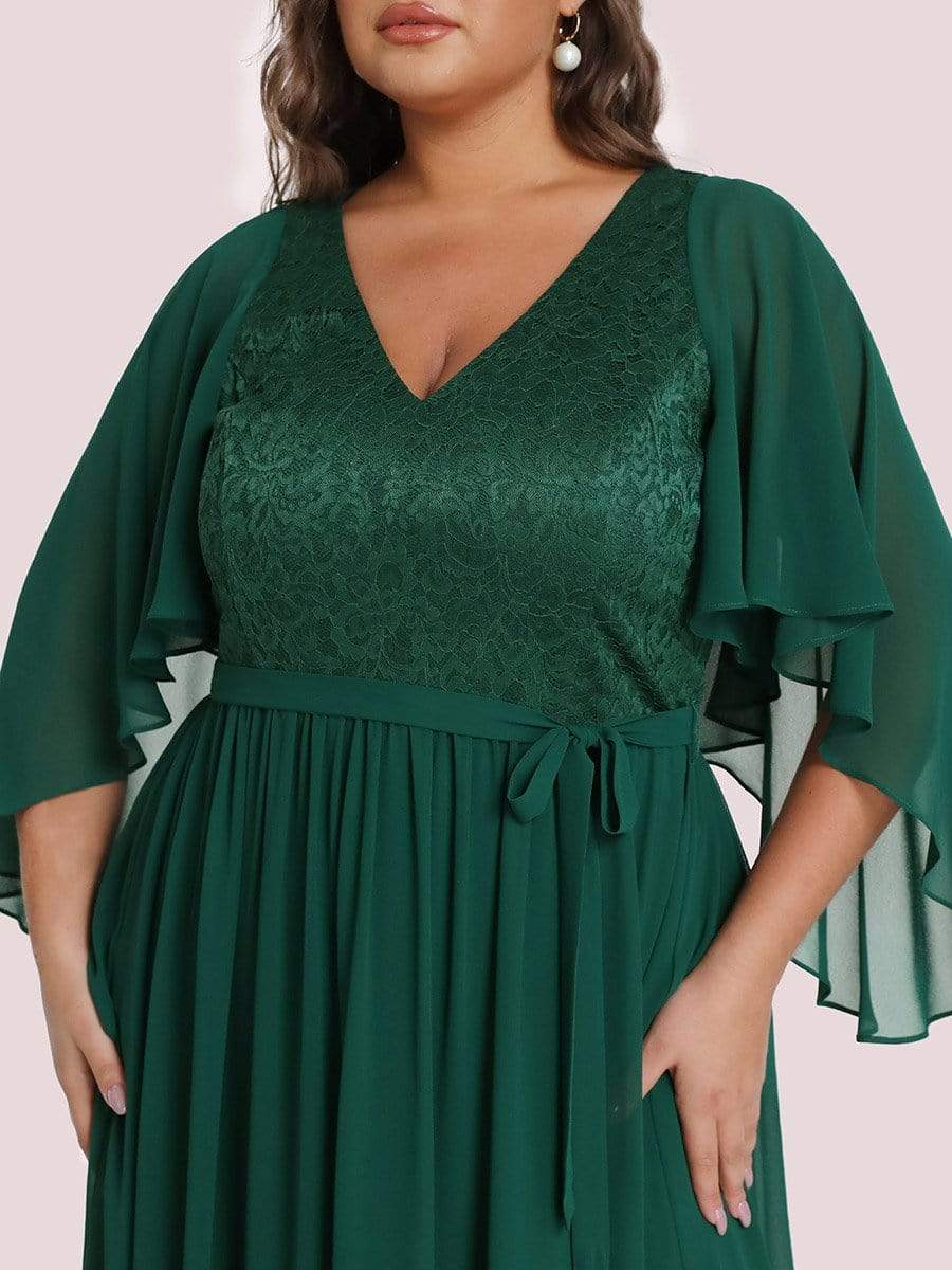 Plus Size Deep V Neck Lace Bodice Long Flowy Evening Dress #color_Dark Green 