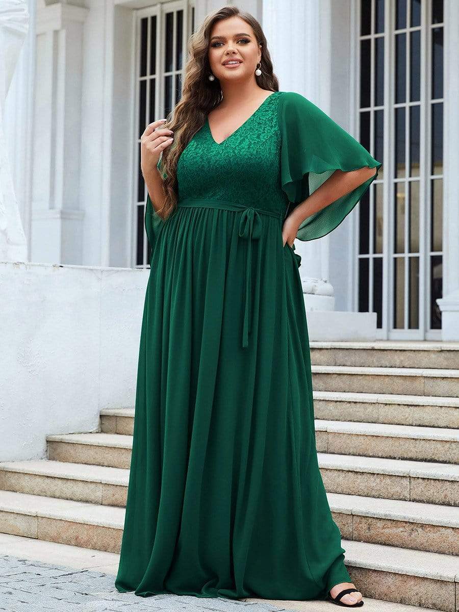 Deep V Neck Lace Bodice Long Flowy Evening Dress #color_Dark Green 