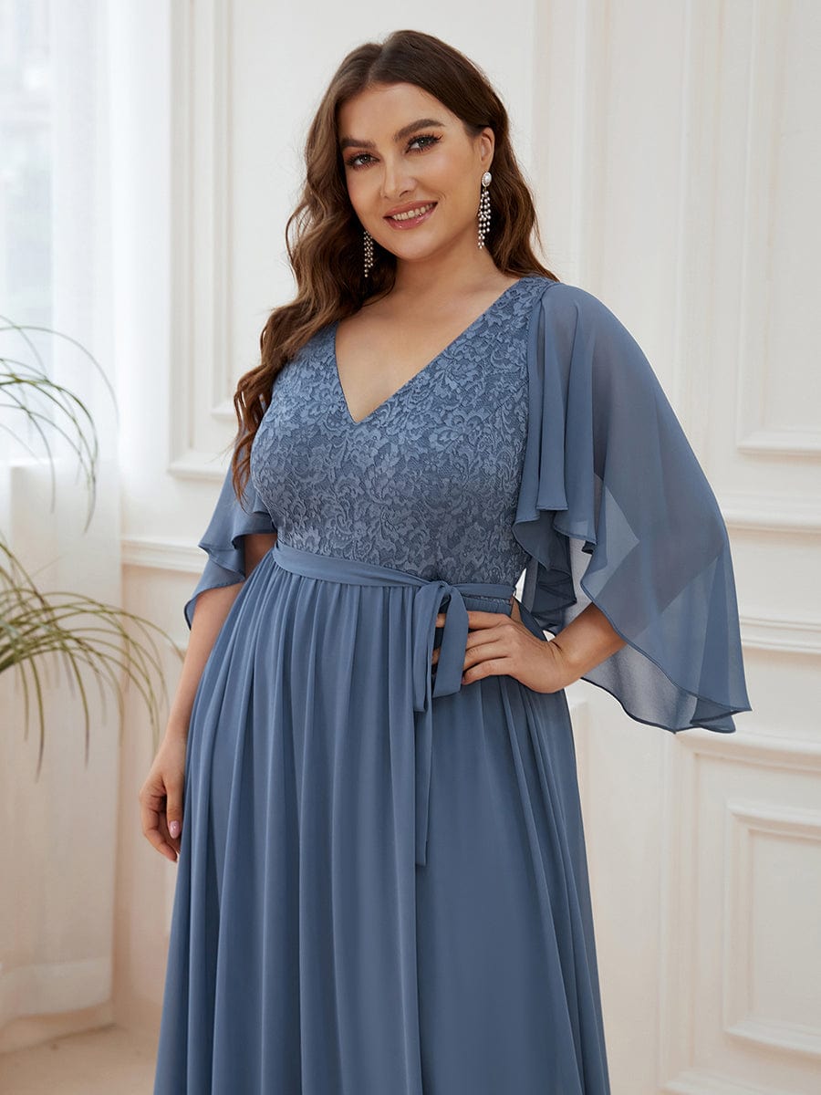 Deep V Neck Lace Bodice Long Flowy Evening Dress #color_Dusty Navy 