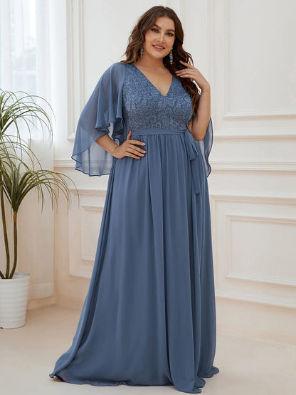 Deep V Neck Lace Bodice Long Flowy Evening Dress #color_Dusty Navy 