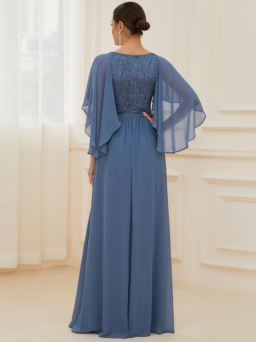 Deep V Neck Lace Bodice Long Flowy Evening Dress #color_Dusty Navy 