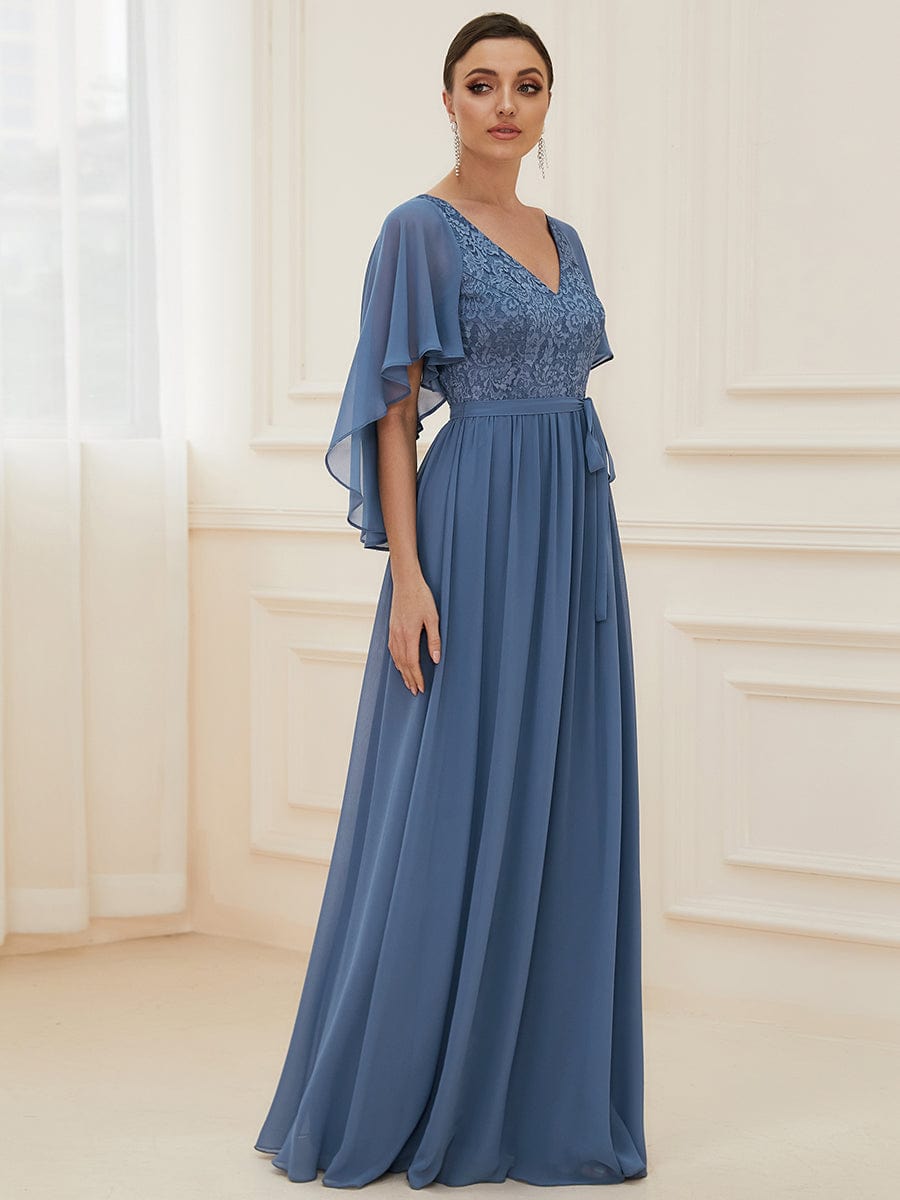 Deep V Neck Lace Bodice Long Flowy Evening Dress #color_Dusty Navy 