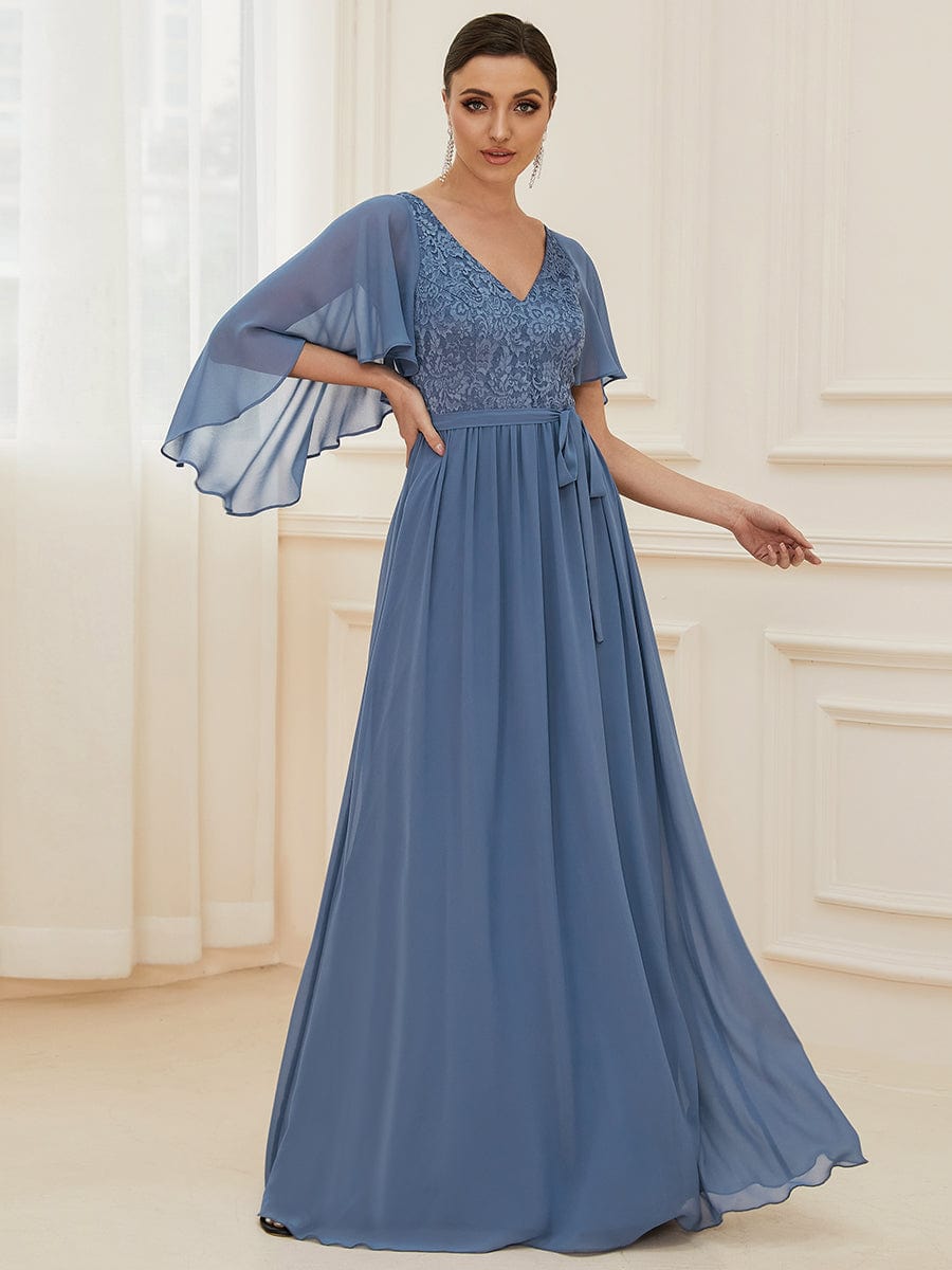 Deep V Neck Lace Bodice Long Flowy Evening Dress #color_Dusty Navy 