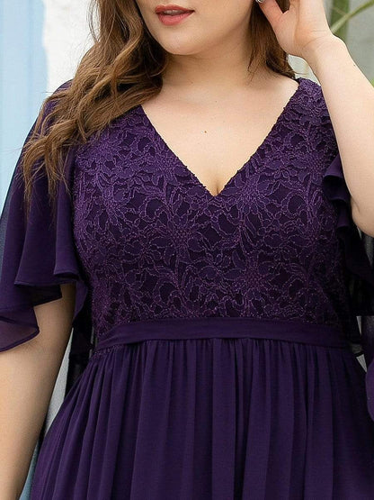 Plus Size Deep V Neck Lace Bodice Long Flowy Evening Dress #color_Dark Purple 