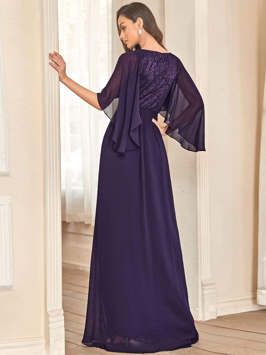 Deep V Neck Lace Bodice Long Flowy Evening Dress #color_Dark Purple 