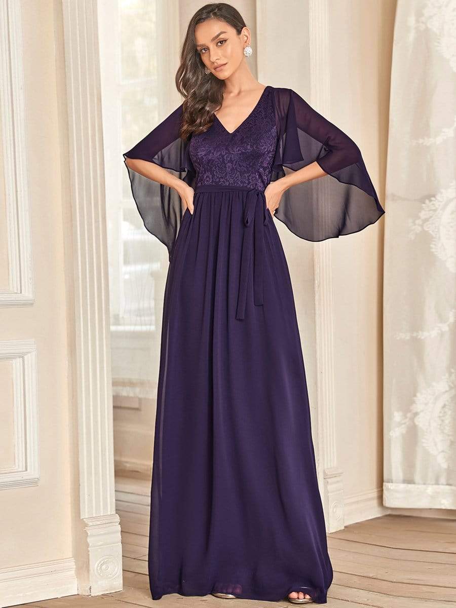 Deep V Neck Lace Bodice Long Flowy Evening Dress #color_Dark Purple 