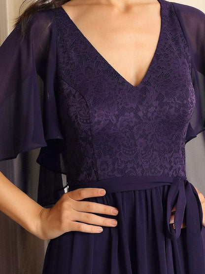 Deep V Neck Lace Bodice Long Flowy Evening Dress #color_Dark Purple 