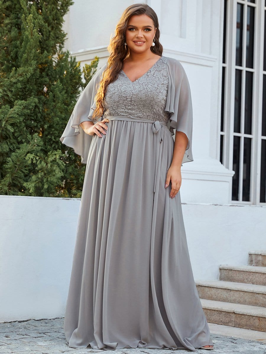 Deep V Neck Lace Bodice Long Flowy Evening Dress #color_Grey 