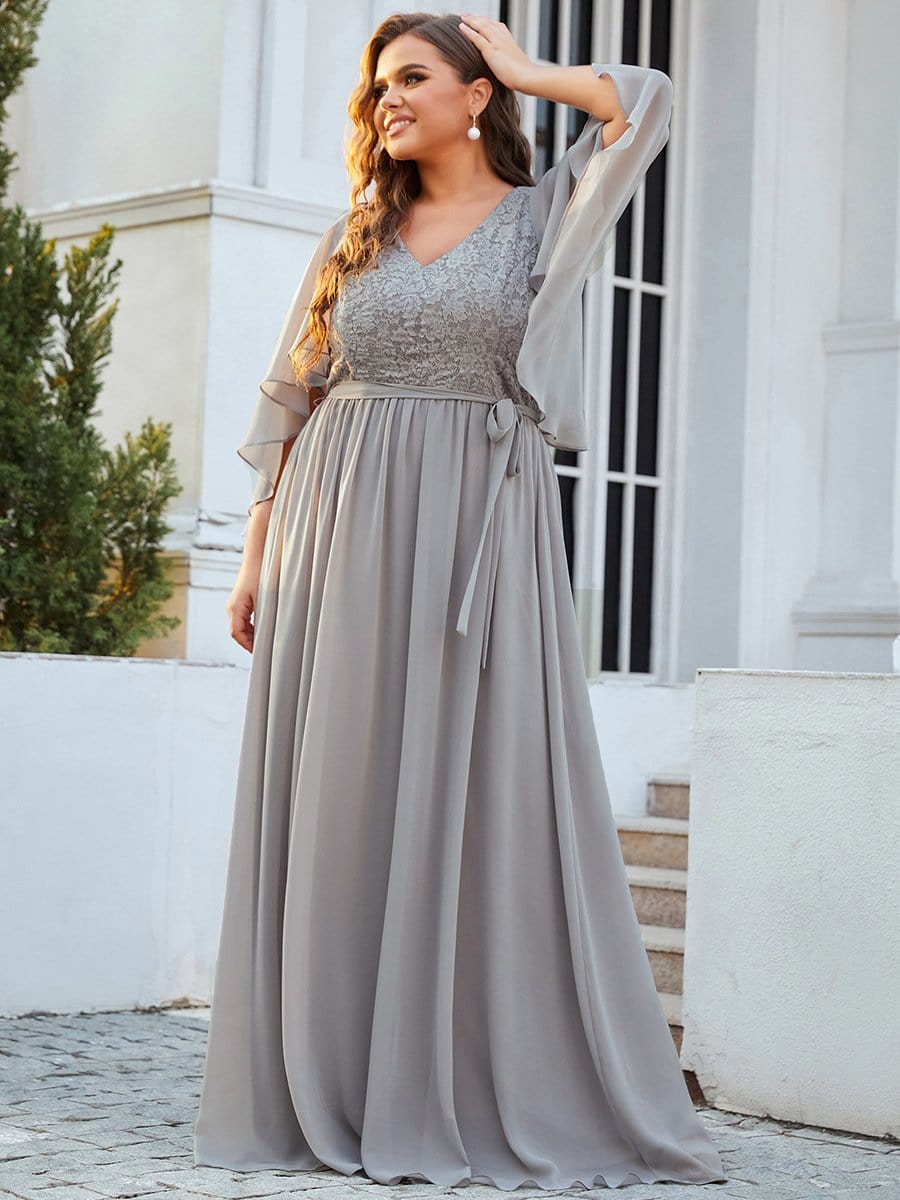 Plus Size Deep V Neck Lace Bodice Long Flowy Evening Dress #color_Grey 