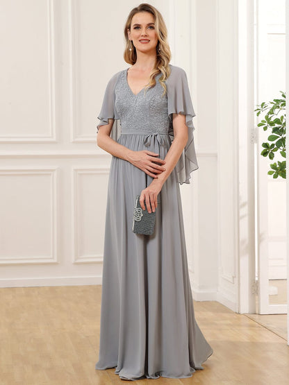 Deep V Neck Lace Bodice Long Flowy Evening Dress #color_Grey