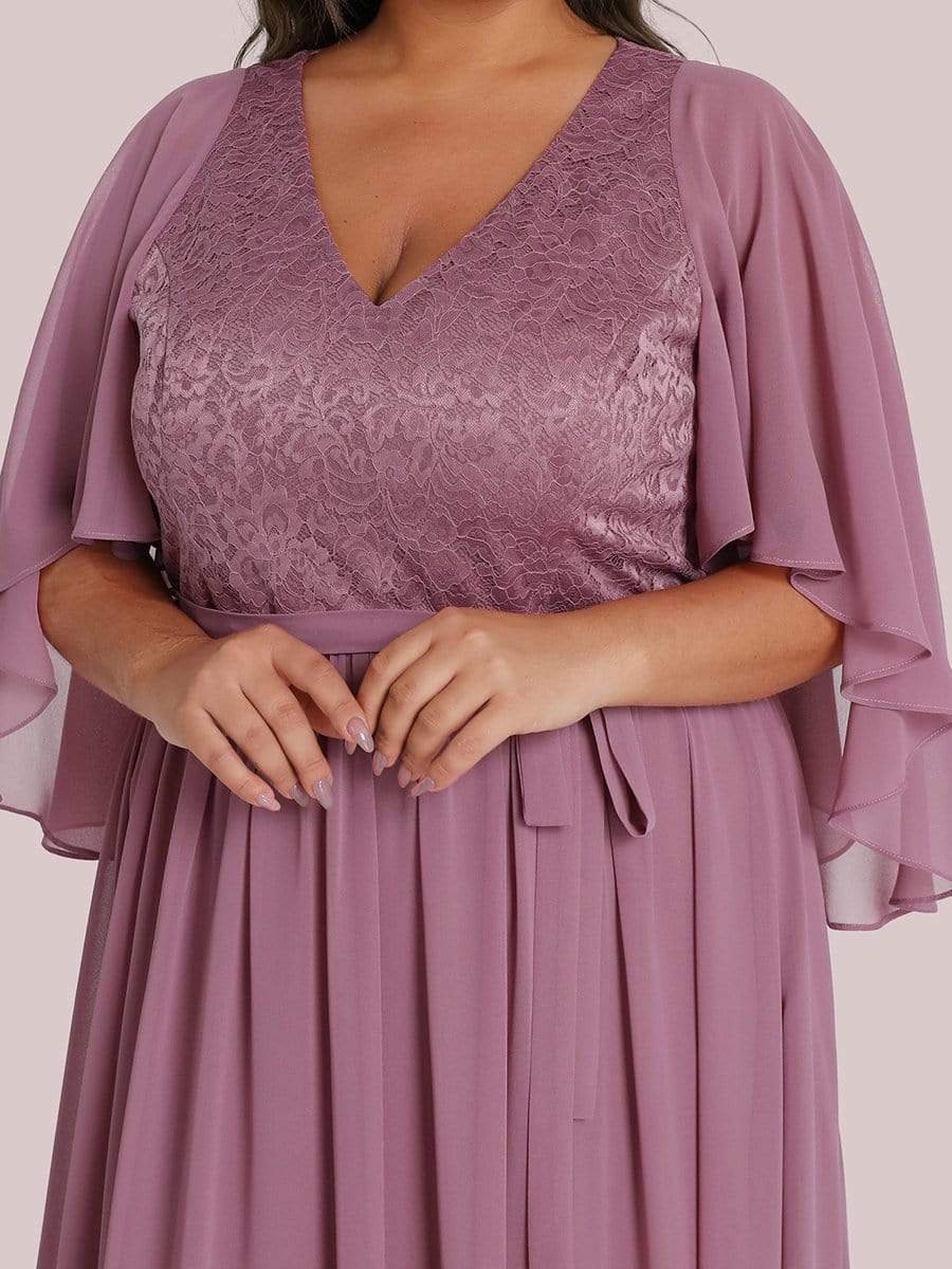 Plus Size Deep V Neck Lace Bodice Long Flowy Evening Dress #color_Purple Orchid 