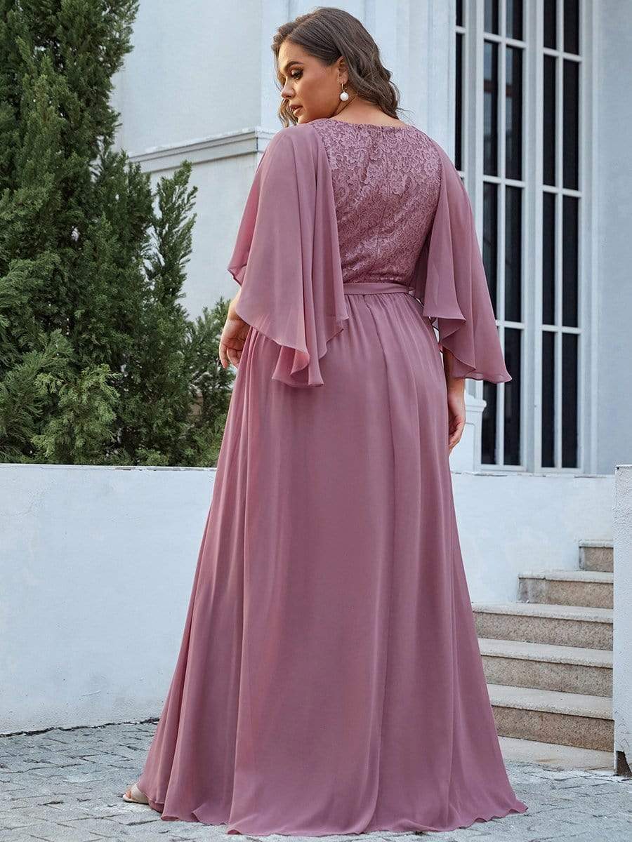 Plus Size Deep V Neck Lace Bodice Long Flowy Evening Dress #color_Purple Orchid 