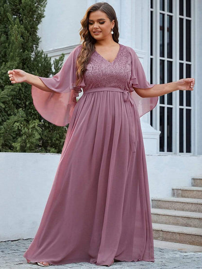 Plus Size Deep V Neck Lace Bodice Long Flowy Evening Dress #color_Purple Orchid 