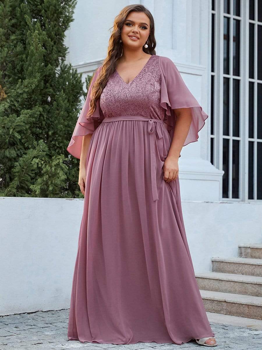 Plus Size Deep V Neck Lace Bodice Long Flowy Evening Dress #color_Purple Orchid 