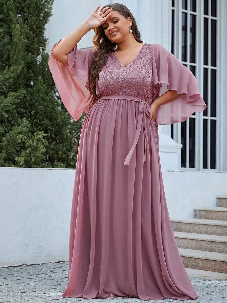 Plus Size Deep V Neck Lace Bodice Long Flowy Evening Dress #color_Purple Orchid 