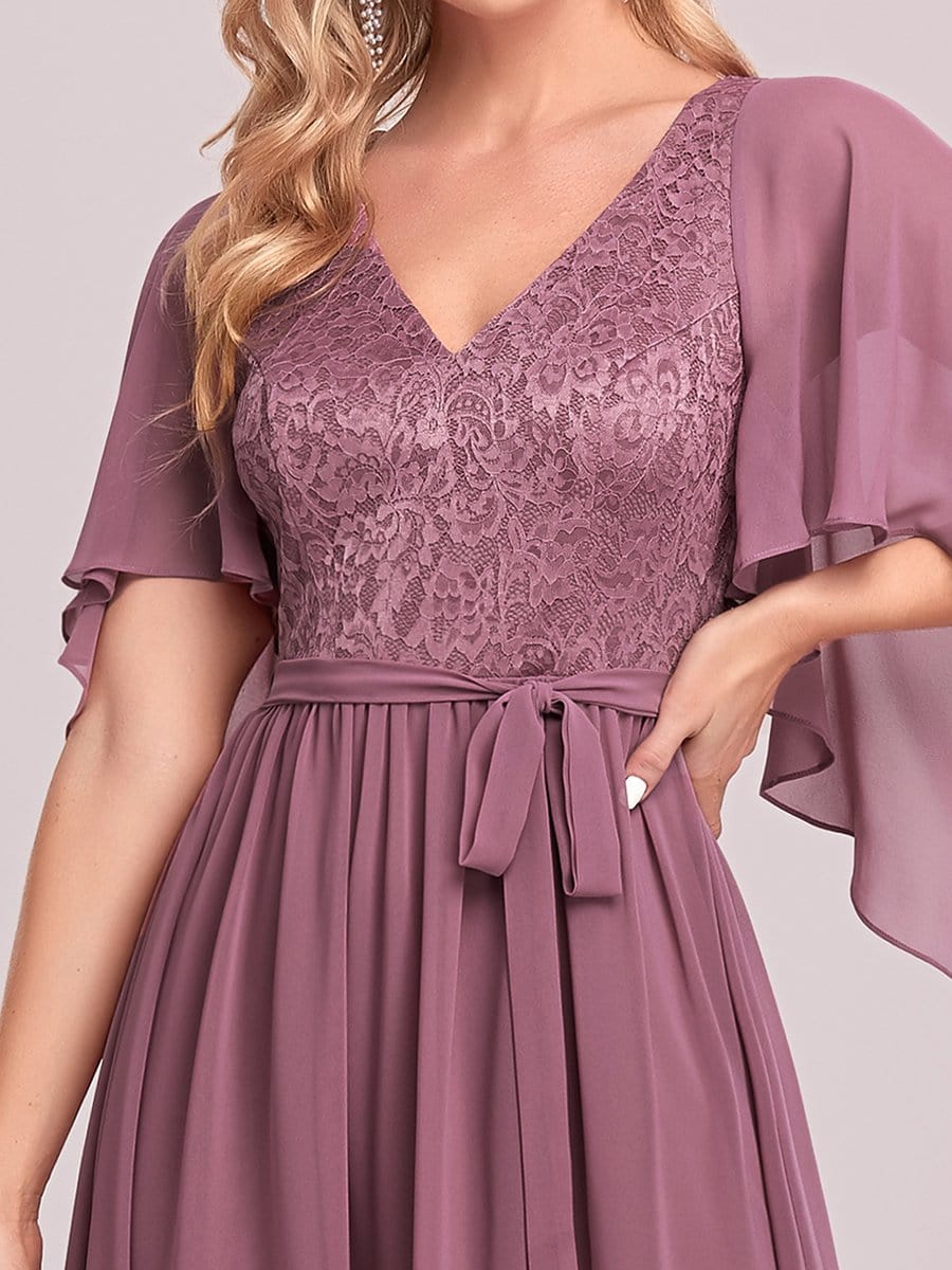 Deep V Neck Lace Bodice Long Flowy Evening Dress #color_Purple Orchid 