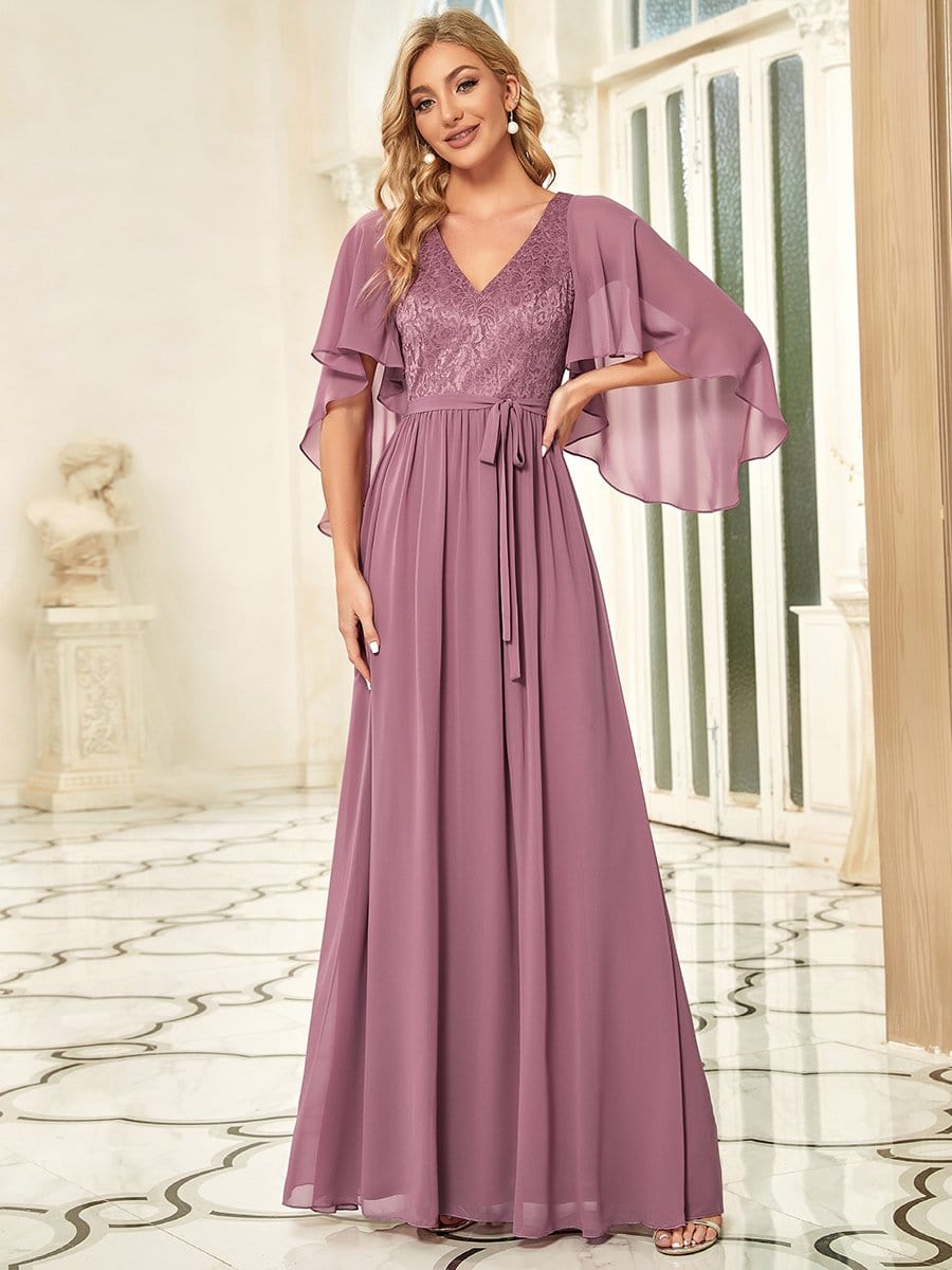 Deep V Neck Lace Bodice Long Flowy Evening Dress #color_Purple Orchid 