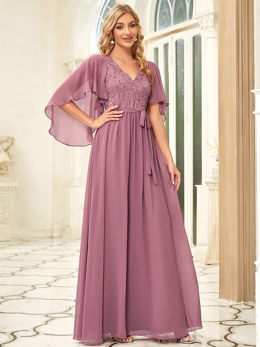 Deep V Neck Lace Bodice Long Flowy Evening Dress #color_Purple Orchid 