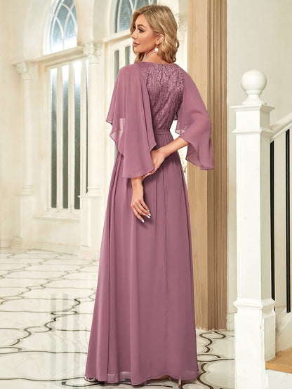 Deep V Neck Lace Bodice Long Flowy Evening Dress #color_Purple Orchid 