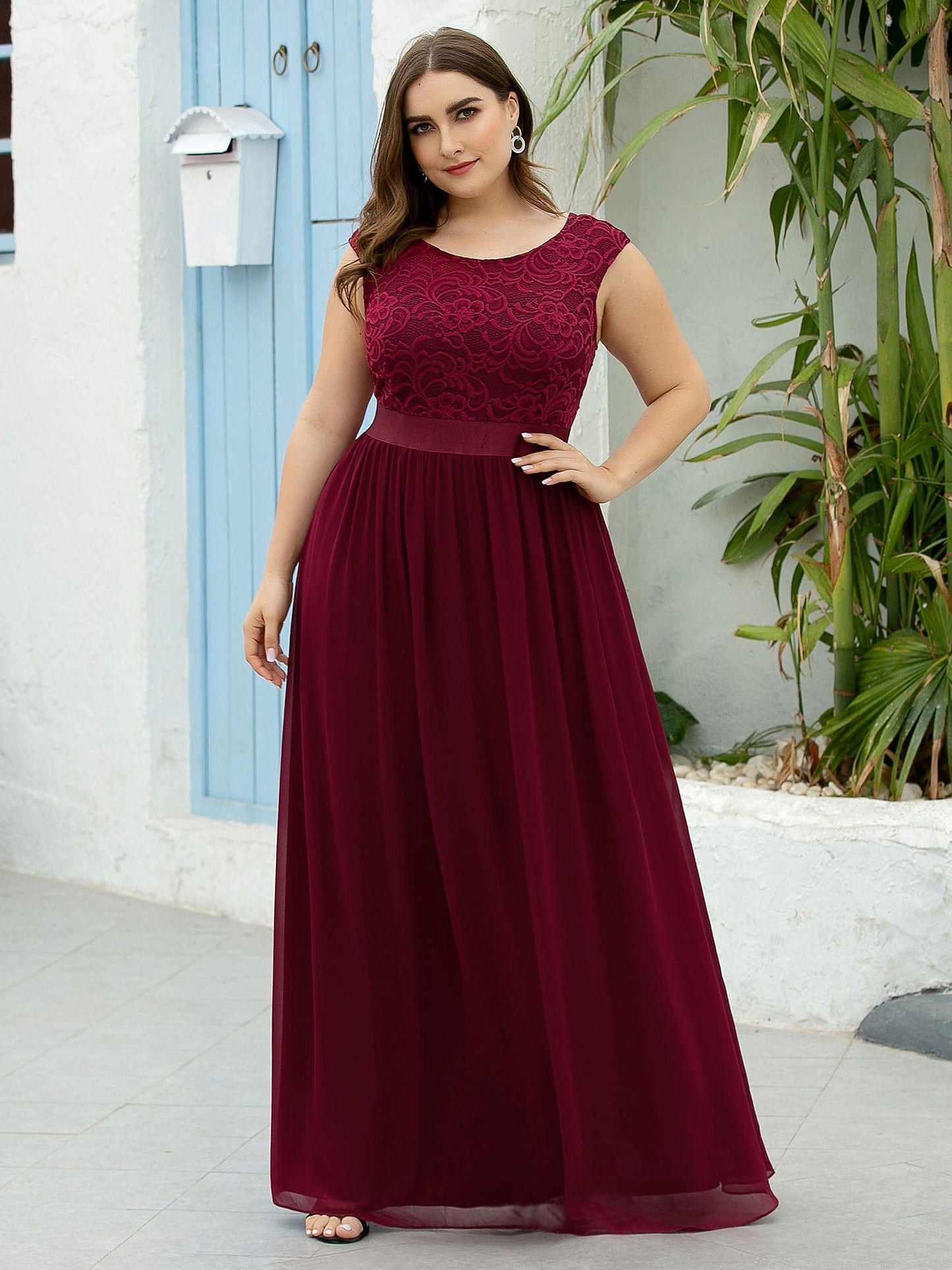 Custom Size Classic Round Neck V Back Lace Bodice Bridesmaid Dress #color_Burgundy