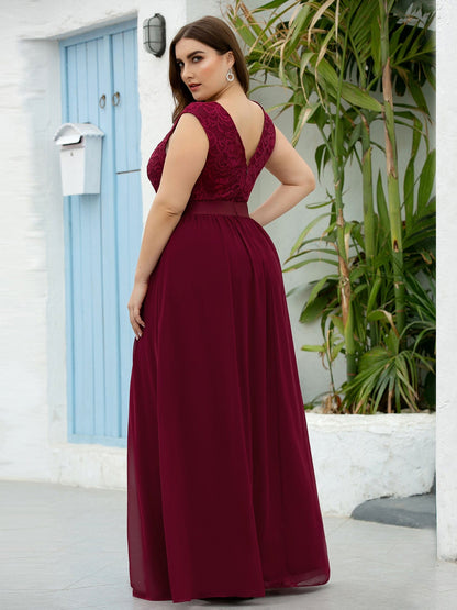 Custom Size Classic Round Neck V Back Lace Bodice Bridesmaid Dress #color_Burgundy