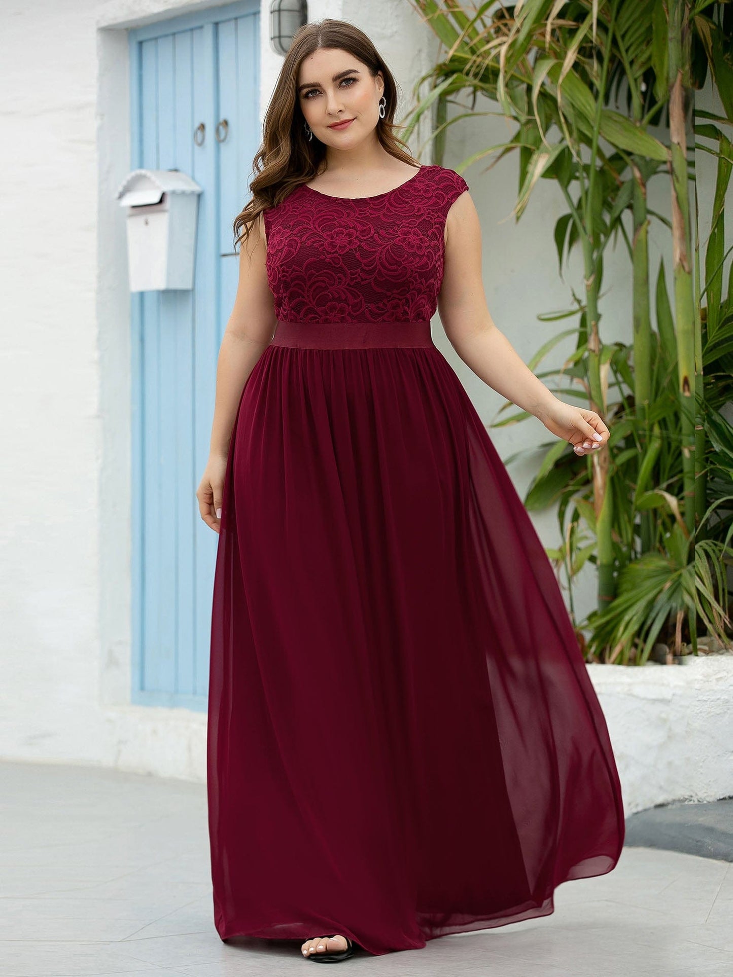 Custom Size Classic Round Neck V Back Lace Bodice Bridesmaid Dress #color_Burgundy