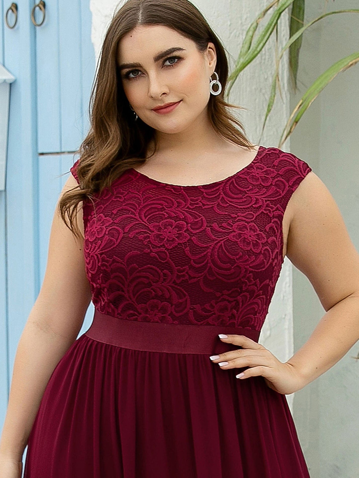 Custom Size Classic Round Neck V Back Lace Bodice Bridesmaid Dress #color_Burgundy