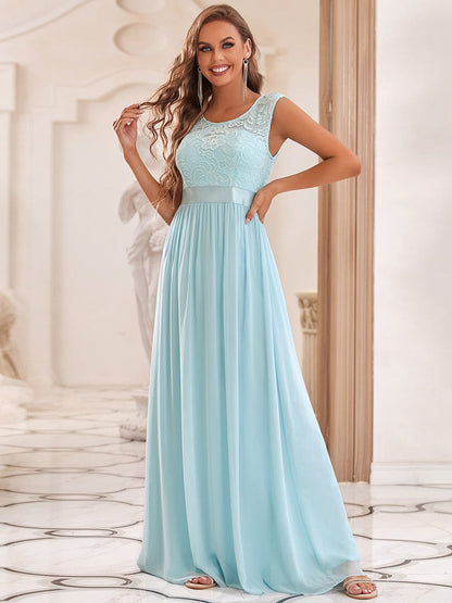 Custom Size Classic Round Neck V Back Lace Bodice Bridesmaid Dress #color_Sky Blue