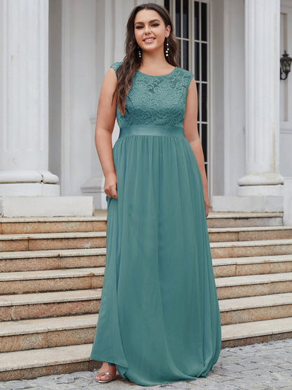 Custom Size Classic Round Neck V Back Lace Bodice Bridesmaid Dress #color_Dusty Blue