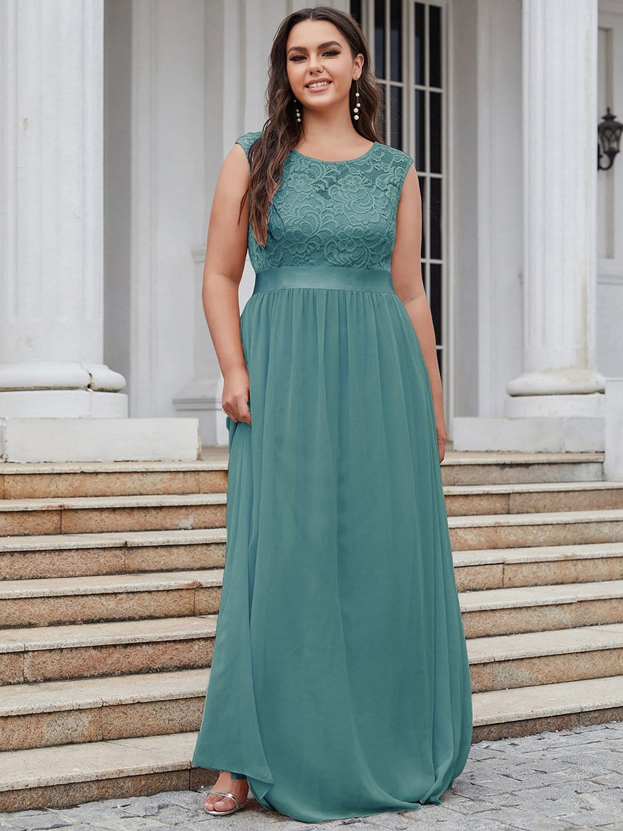 Classic Round Neck Backless Lace Bodice Bridesmaid Dress #color_Dusty Blue 